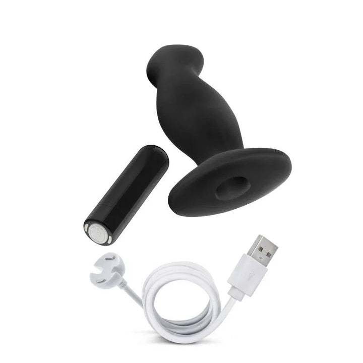 Prostate massager 02 with its removable bullet and white USB magnetic charging cable