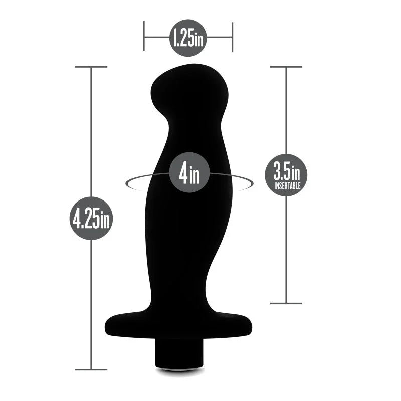 Prostate massager 02 dimensions: 4.25in long, 3.5in insertable, 1.25in wide, 4in girth