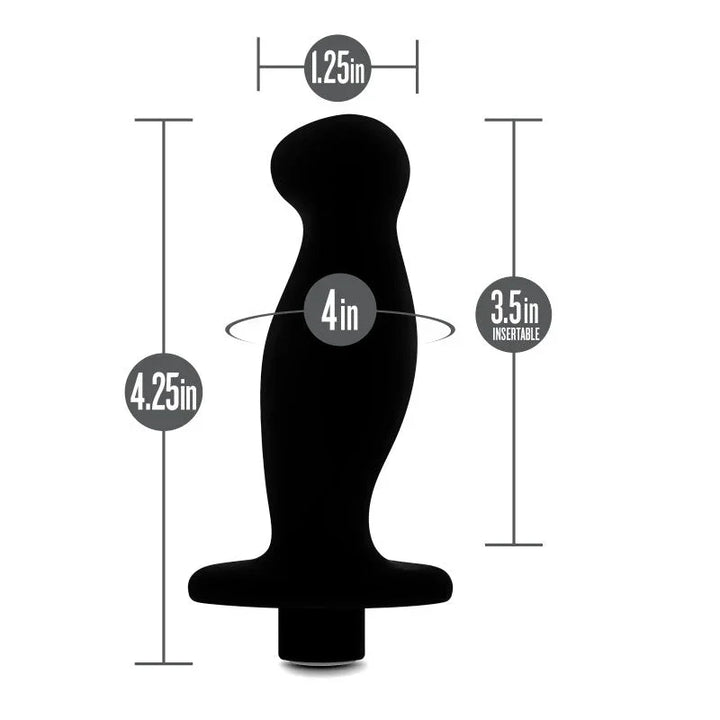 Prostate massager 02 dimensions: 4.25in long, 3.5in insertable, 1.25in wide, 4in girth
