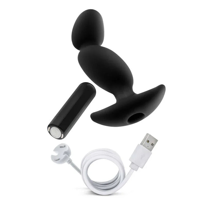 Prostate massager 04 shown with its removable bullet and USB magnetic charging cable