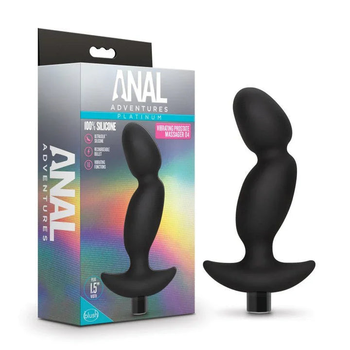 Anal Adventures Platinum prostate massager 04 in black beside its rainbow retail box