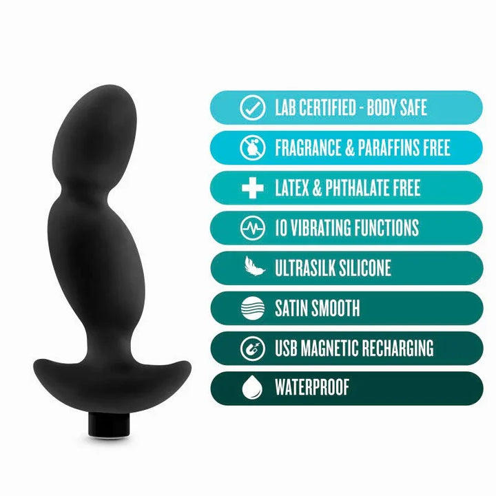 Prostate massager 04 feature panel: 10 vibrating functions, USB magnetic recharging, waterproof