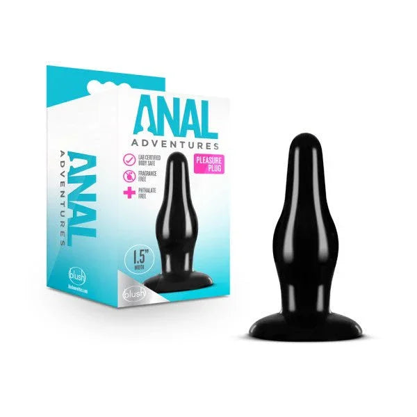 Anal Adventures Pleasure Plug in glossy black beside its retail box