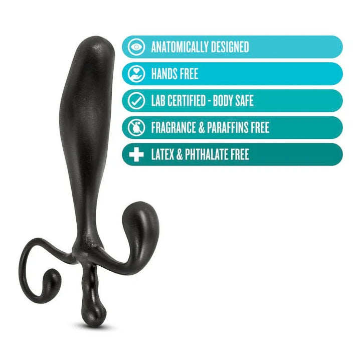 Prostate Stimulator feature panel: anatomically designed, hands free, lab certified