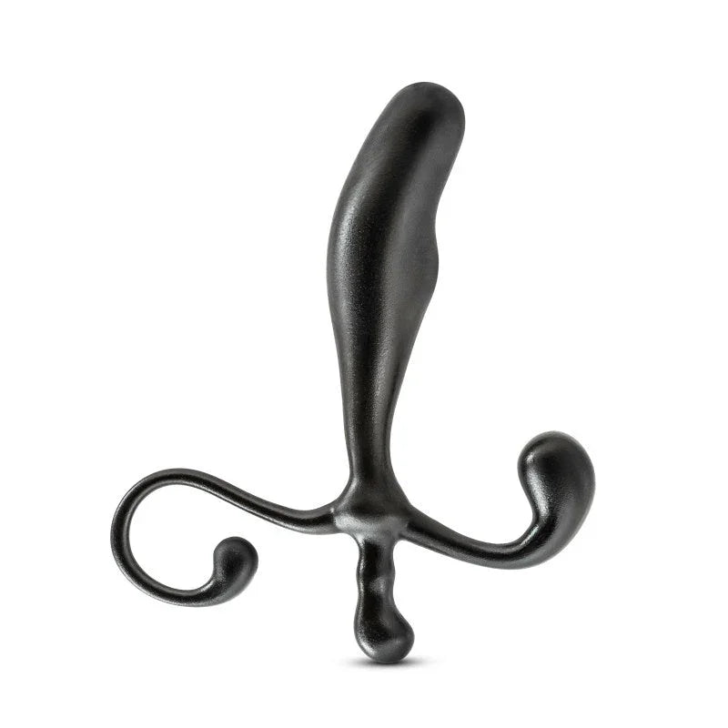 Black prostate stimulator angled, curved shaft above the twin perineal arms