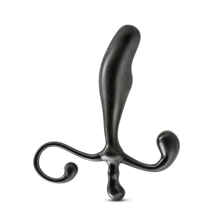 Black prostate stimulator angled, curved shaft above the twin perineal arms