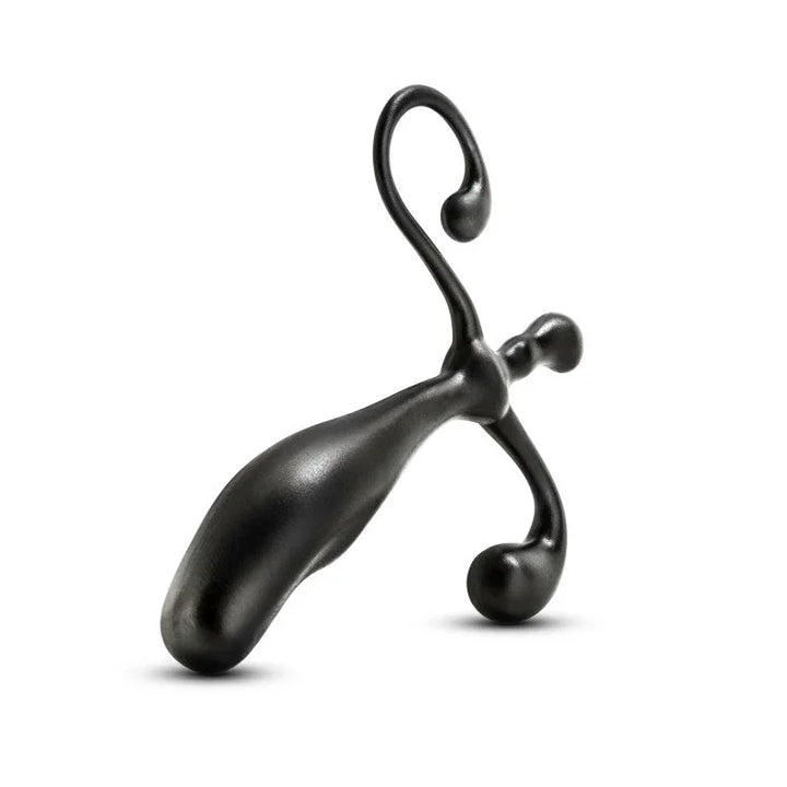 Black prostate stimulator tilted on its side, showing the looped support arms