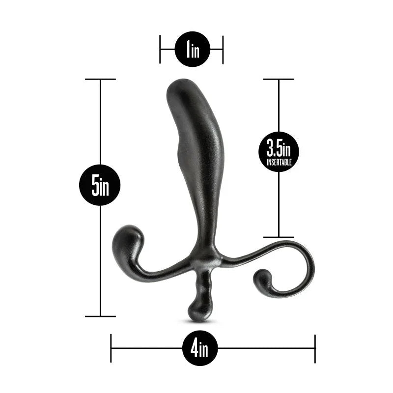Prostate Stimulator dimensions: 5in long, 3.5in insertable, 1in wide, 4in across the arms