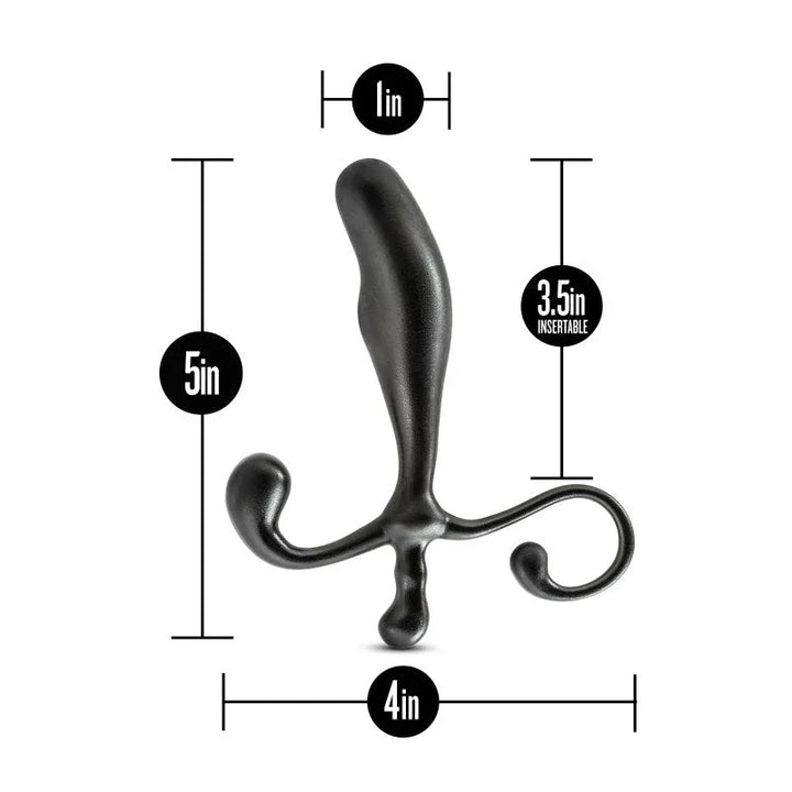 Prostate Stimulator dimensions: 5in long, 3.5in insertable, 1in wide, 4in across the arms