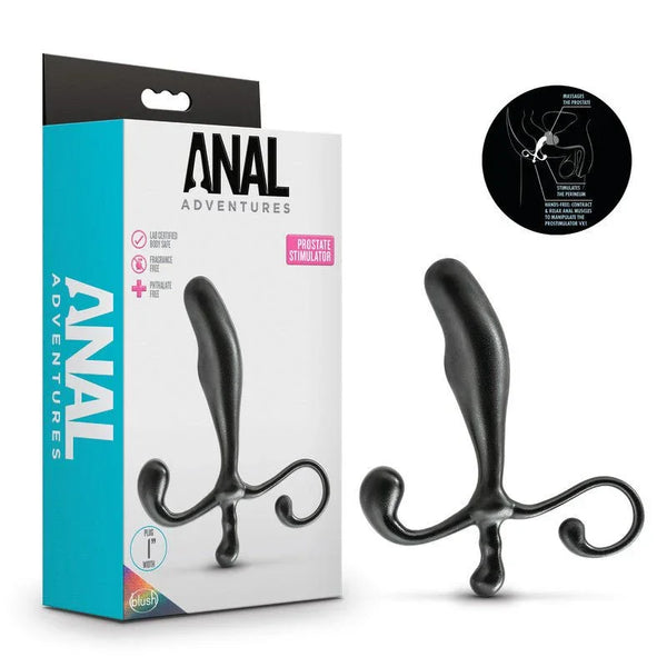 Anal Adventures Prostate Stimulator in black beside its box with a positioning diagram