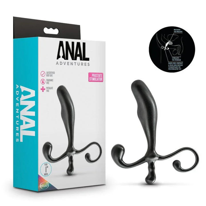 Anal Adventures Prostate Stimulator in black beside its box with a positioning diagram