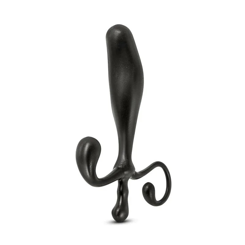 Black Anal Adventures prostate stimulator upright, front view of the curved head