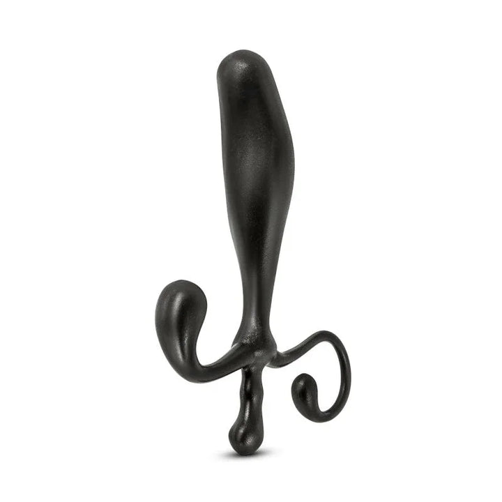 Black Anal Adventures prostate stimulator upright, front view of the curved head