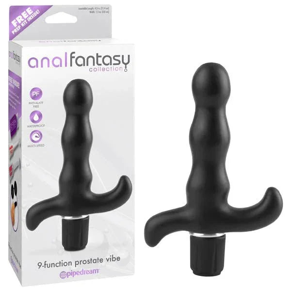 Pipedream Anal Fantasy 9-function prostate vibe in Black, beaded curve, beside its box