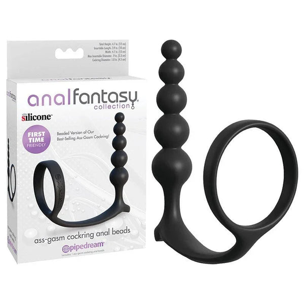 Pipedream Anal Fantasy Ass-Gasm cock ring with beaded anal probe in Black, next to its box