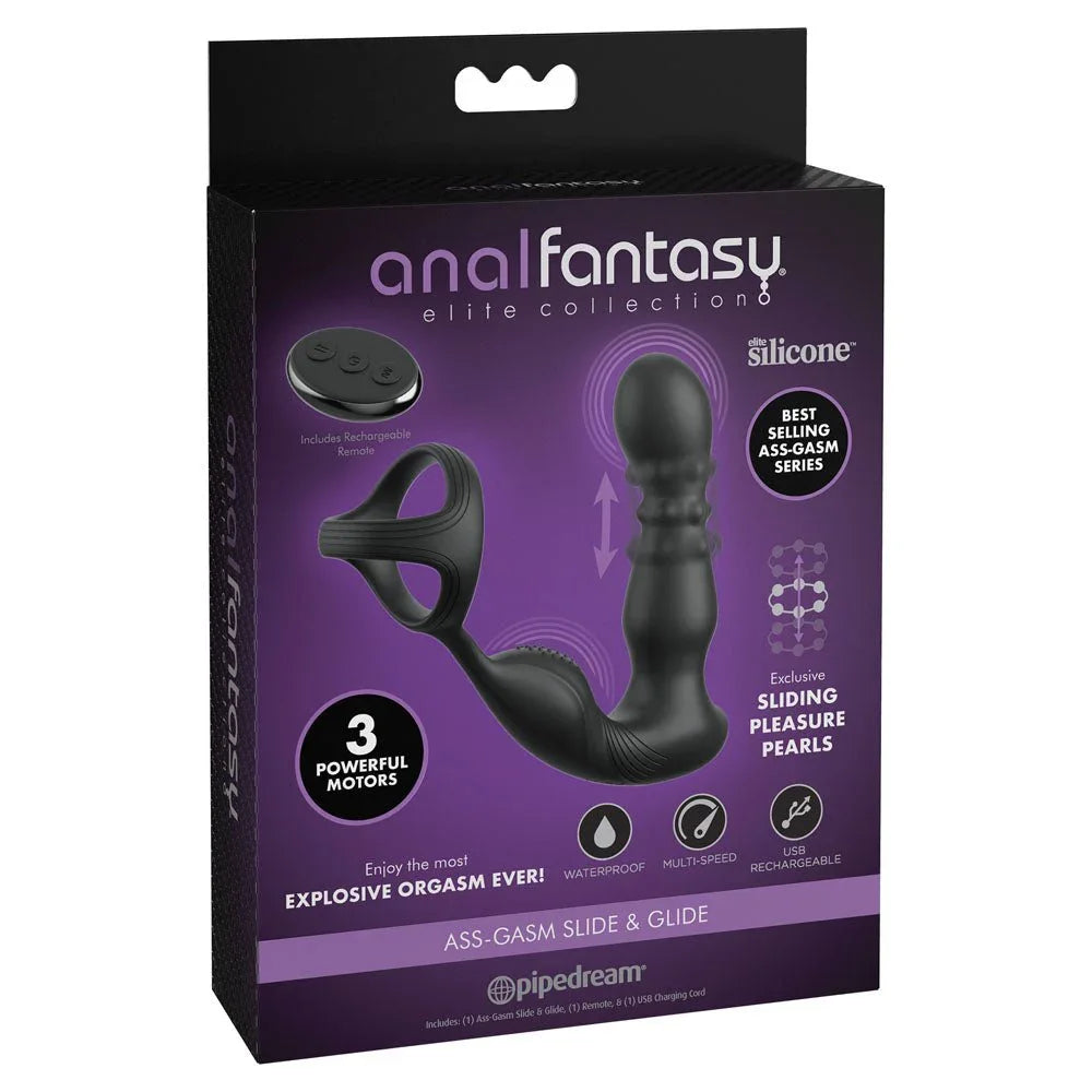 Pipedream Anal Fantasy Elite Ass-Gasm Slide & Glide box, three powerful motors badge