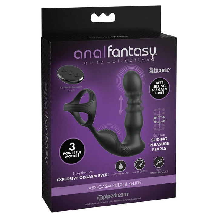 Pipedream Anal Fantasy Elite Ass-Gasm Slide & Glide box, three powerful motors badge