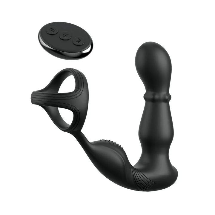 Ass-Gasm Slide & Glide in Black with its round remote, cock ring joined to a beaded plug