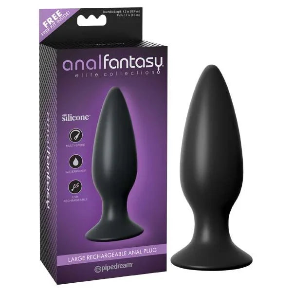 Pipedream Anal Fantasy Elite large rechargeable anal plug in Black beside its Elite box