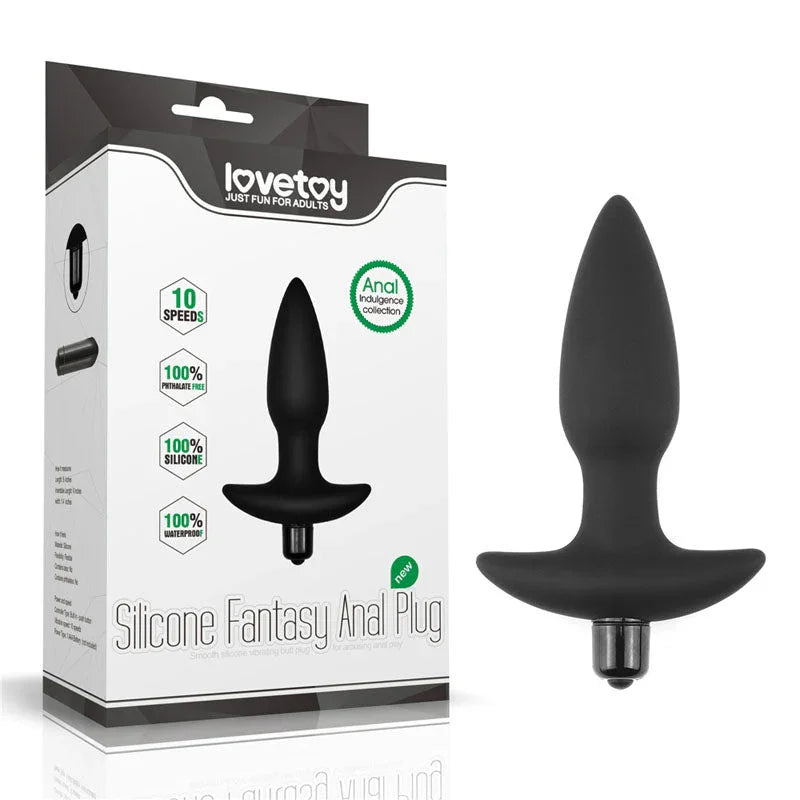 Lovetoy Silicone Fantasy vibrating anal plug in Black beside its Anal Indulgence box