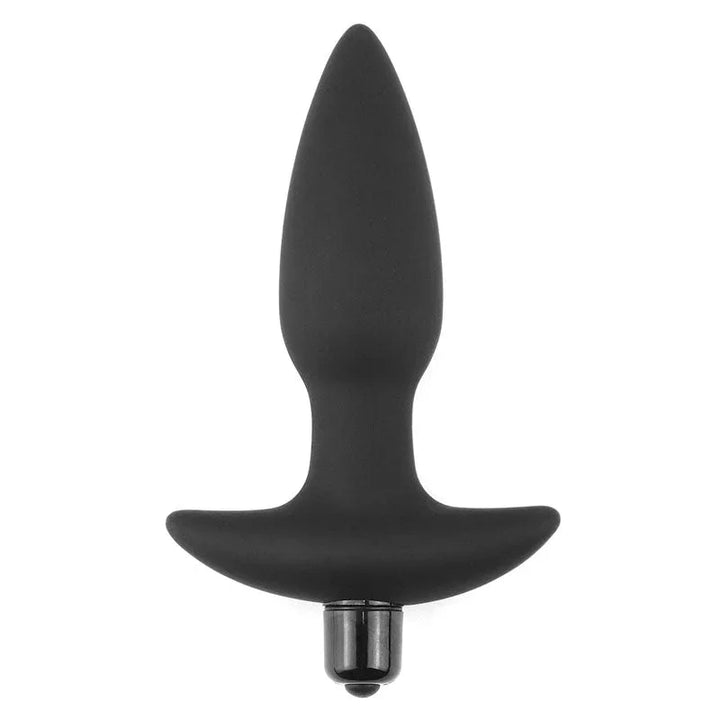 Black silicone anal plug standing on its curved T-base with the bullet vibrator fitted