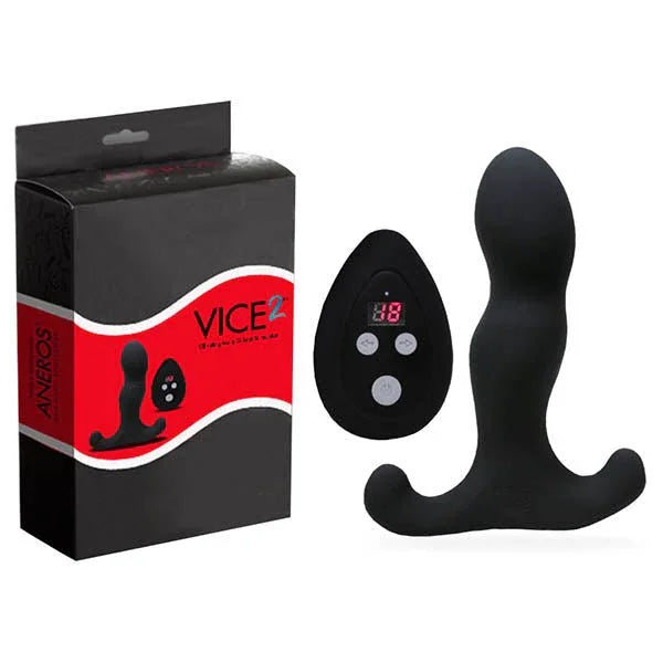 Aneros Vice 2 in Black with digital remote, retail box on the left