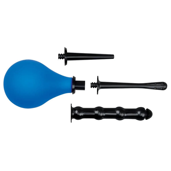 AquaClean blue bulb laid out with all three interchangeable nozzles beside it