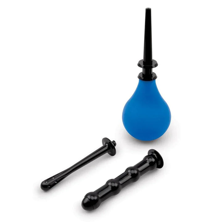 AquaClean 4 Piece Douche Set, blue bulb with the tapered nozzle fitted, two spares below