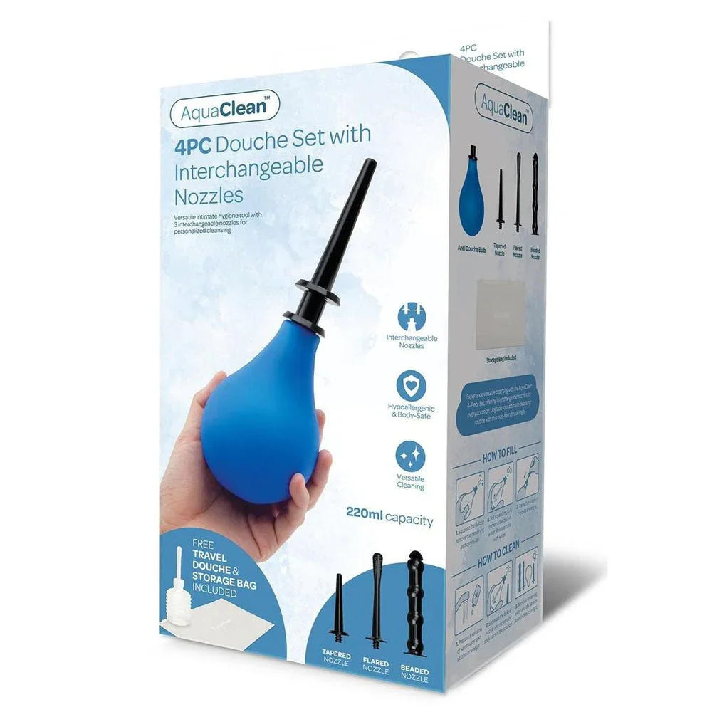 AquaClean 4 Piece Douche Set retail box, blue pack showing the bulb and three nozzles