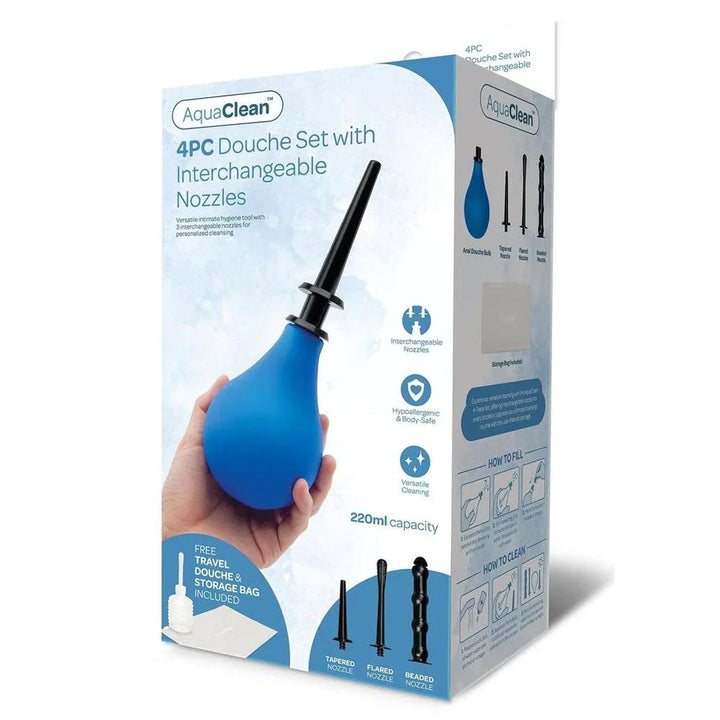 AquaClean 4 Piece Douche Set retail box, blue pack showing the bulb and three nozzles