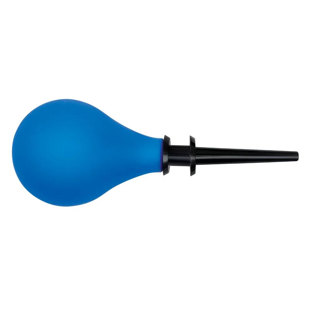 AquaClean blue douche bulb lying on its side with the flared nozzle fitted