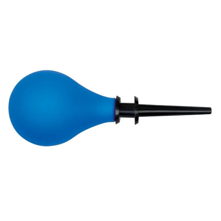 AquaClean blue douche bulb lying on its side with the flared nozzle fitted