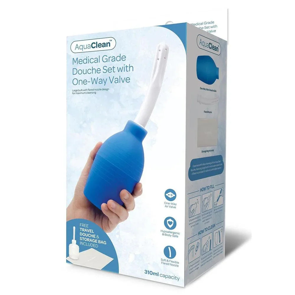 AquaClean Medical Grade Douche Set retail box, blue pack showing the bulb in a hand