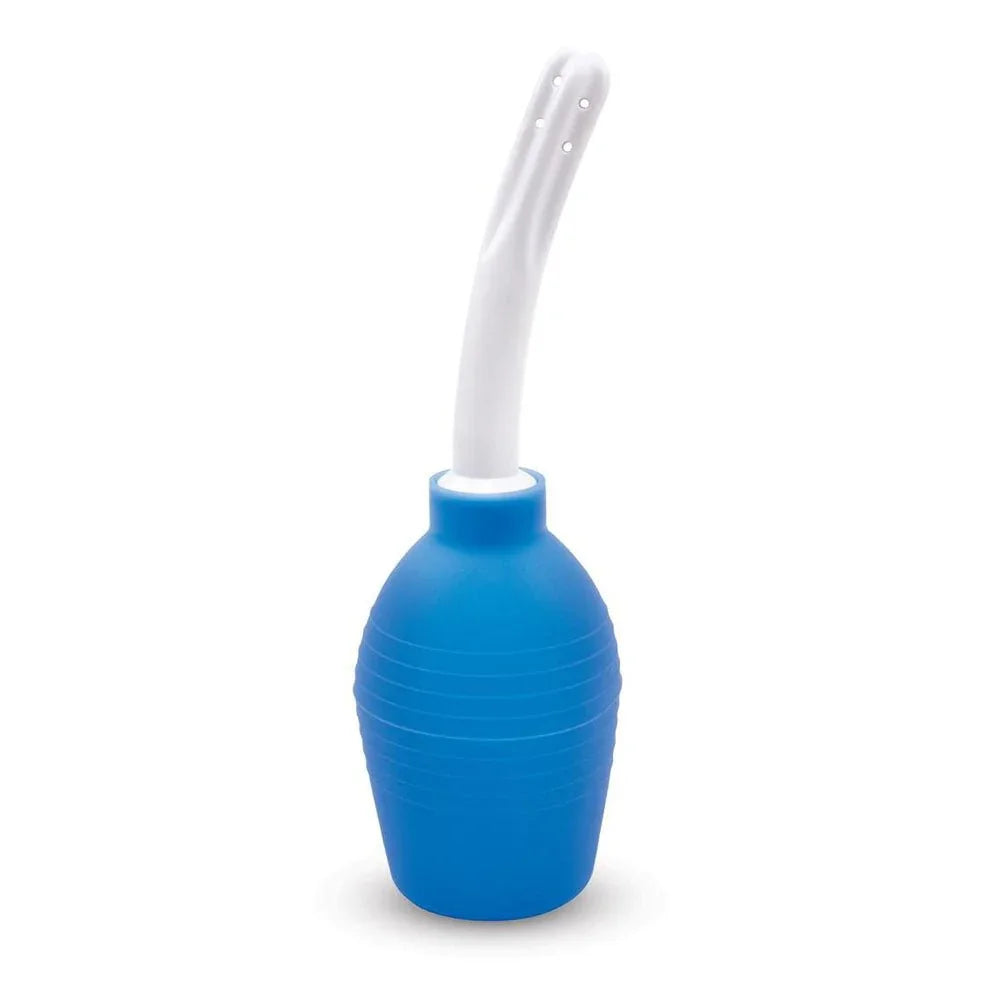 AquaClean Medical Grade douche, blue ribbed bulb standing with its white curved nozzle