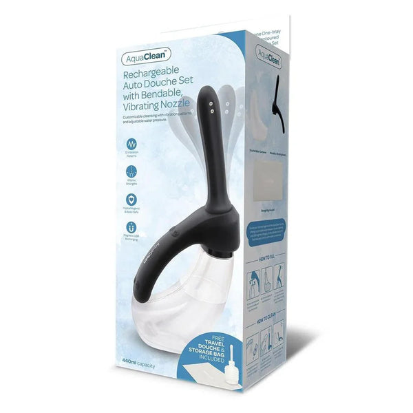 AquaClean Rechargeable Auto Douche retail box, black bendable vibrating nozzle on the pack