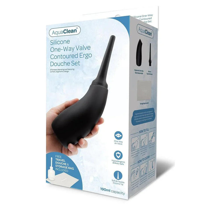 AquaClean Contoured Ergo Douche Set retail box, blue pack showing the black bulb in a hand