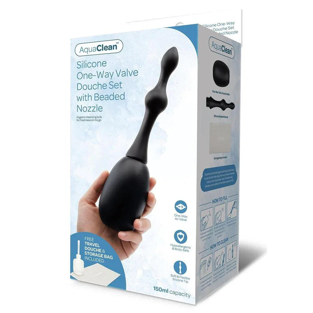 AquaClean Silicone 1-Way Valve Douche Set retail box, beaded nozzle version, bulb in a hand