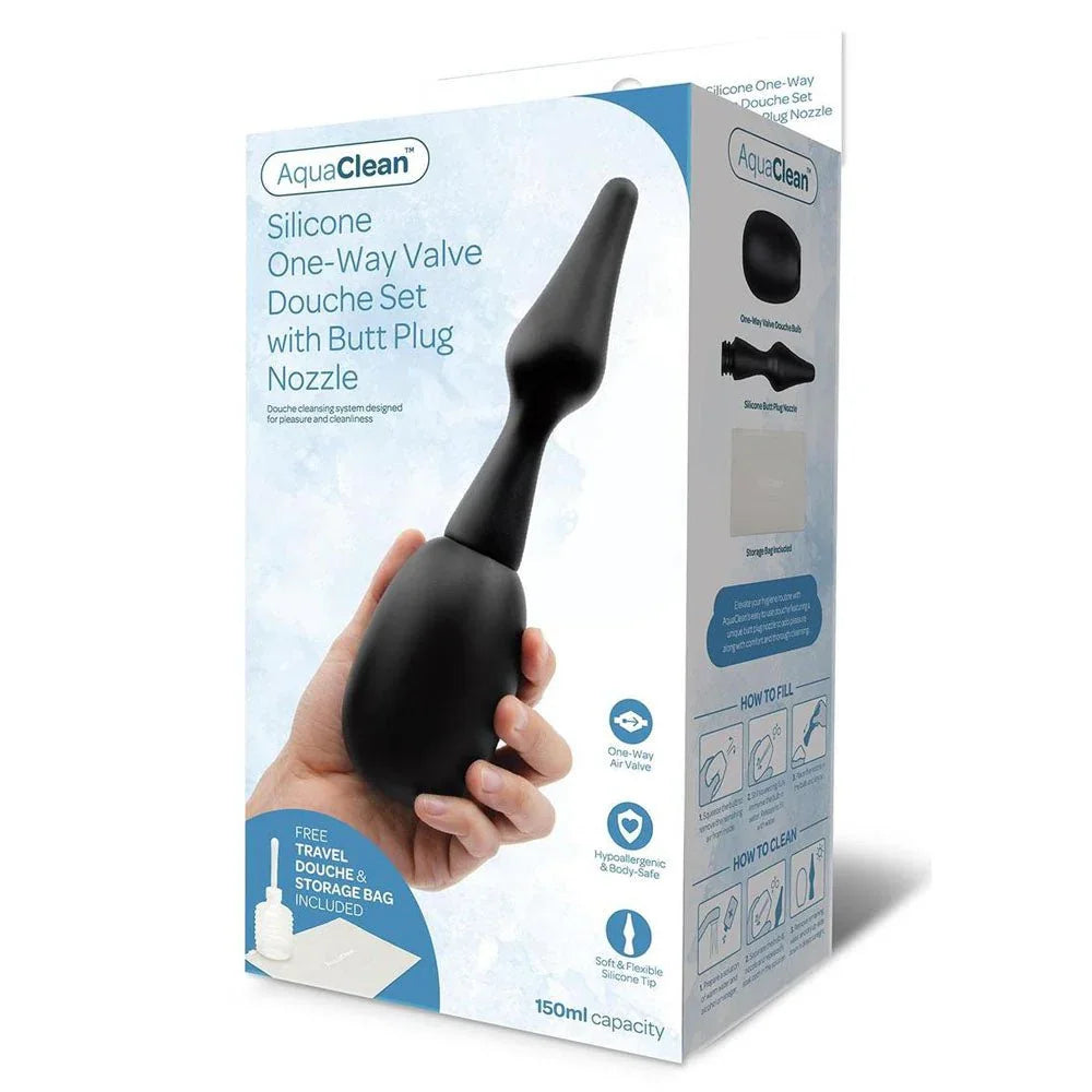 AquaClean Silicone 1-Way Valve Douche Set retail box, butt plug nozzle version, bulb in a hand
