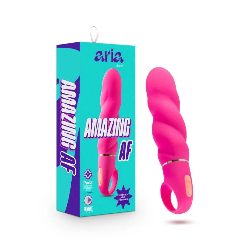 Aria Amazing AF vibrator in fuchsia pink with twisted shaft, beside its Aria box
