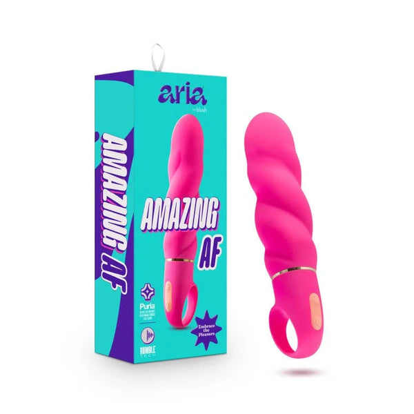 Aria Amazing AF vibrator in fuchsia pink with twisted shaft, beside its Aria box
