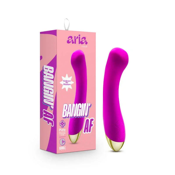 Aria Bangin' AF vibrator in magenta with a gold band, beside its Aria box