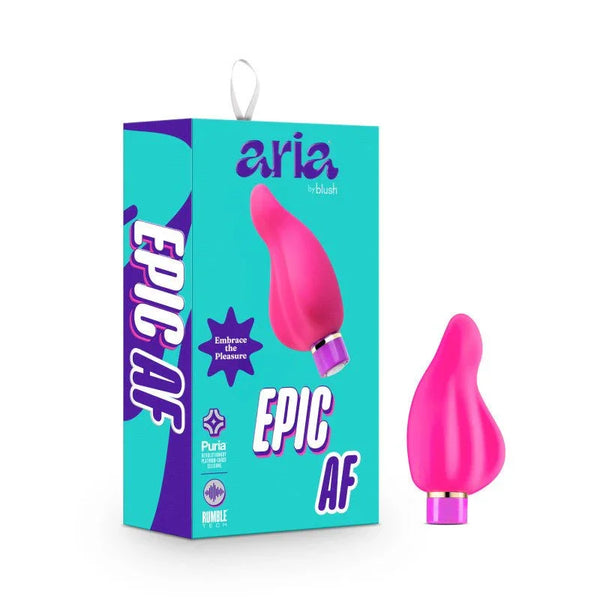 Aria Epic AF stimulator in fuchsia with petal-shaped head, beside its Aria box