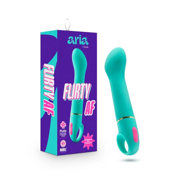 Aria Flirty AF vibrator in teal with curved G-spot tip, beside its Aria box