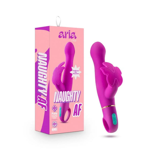 Aria Naughty AF butterfly vibrator in plum with flower-shaped clitoral arm and box