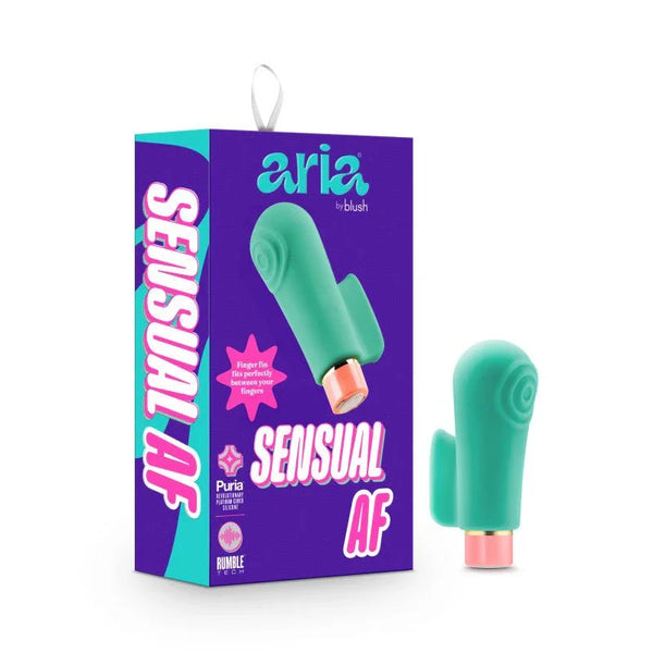 Aria Sensual AF finger stimulator in teal with rose gold base, beside its Aria box
