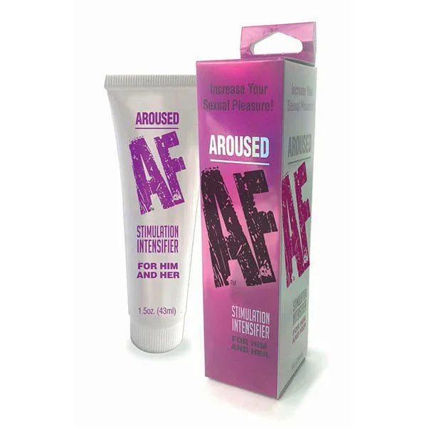 Aroused AF Stimulation Intensifier lube in white tube, 43ml, for couples, with pink packaging.