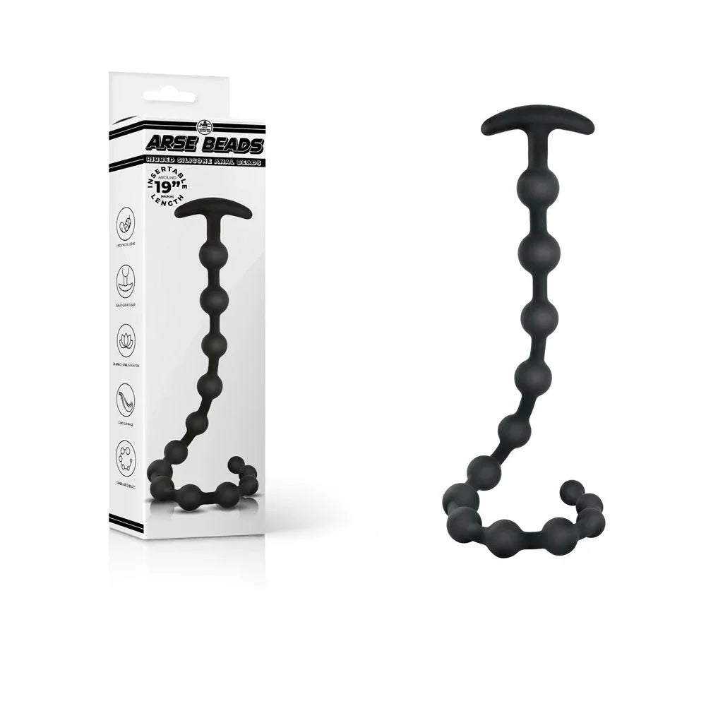Arse Beads 48 cm silicone anal beads in Black, T-handle strand curled beside its retail box