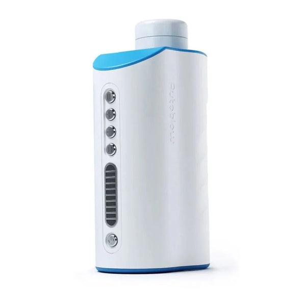 Autoblow AI Ultra machine in White and Blue, upright showing control buttons