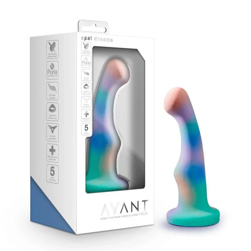 Avant Opal Dreams dildo in aqua opal silicone beside its Avant retail box