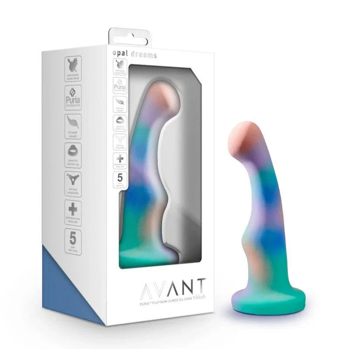 Avant Opal Dreams dildo in aqua opal silicone beside its Avant retail box